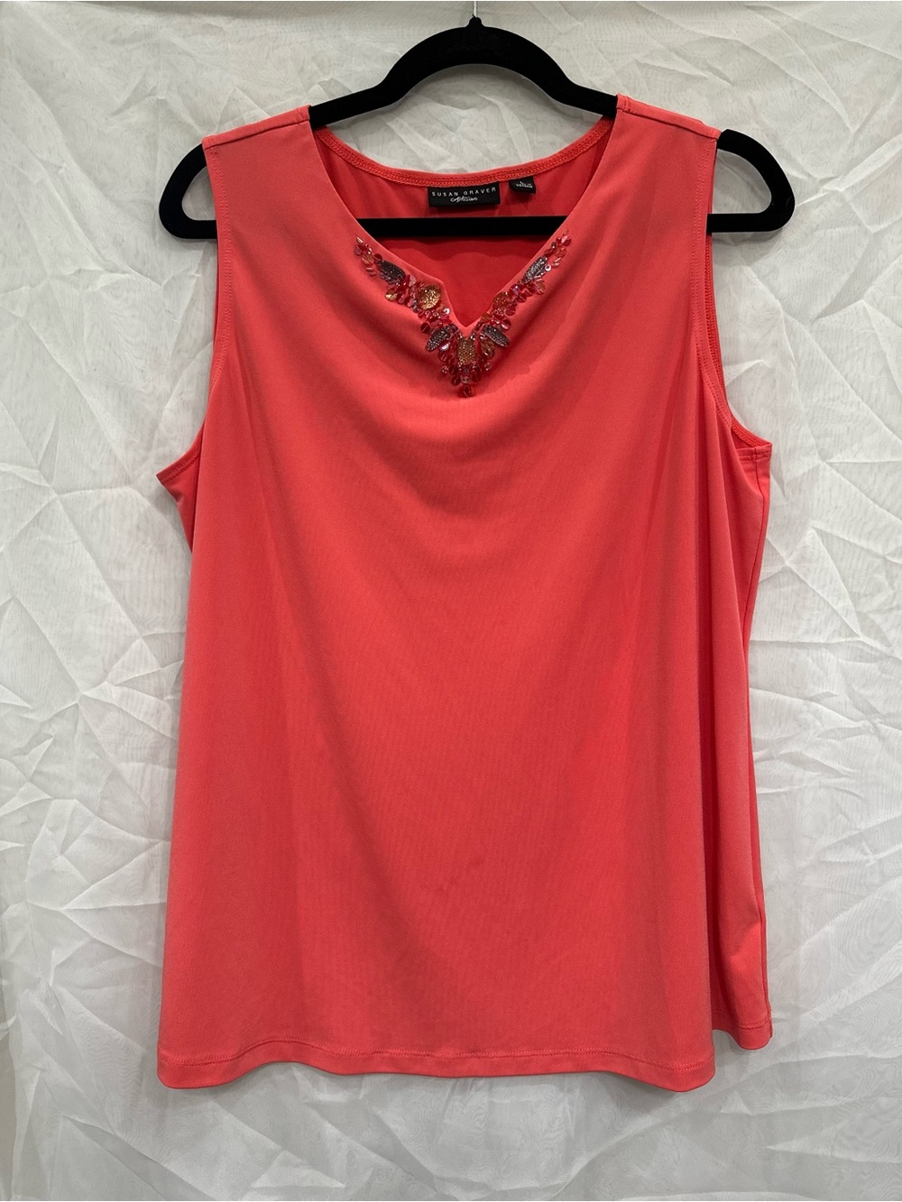 Susan Graver Artisan Coral Sleeveless Blouse with Beaded V-Neck